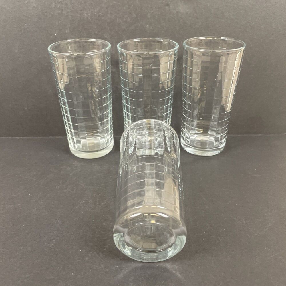 4 Pasabache Optic Block Clear 8 oz Tumblers 5" Geometric Grid Glasses Signed - Picture 5 of 6